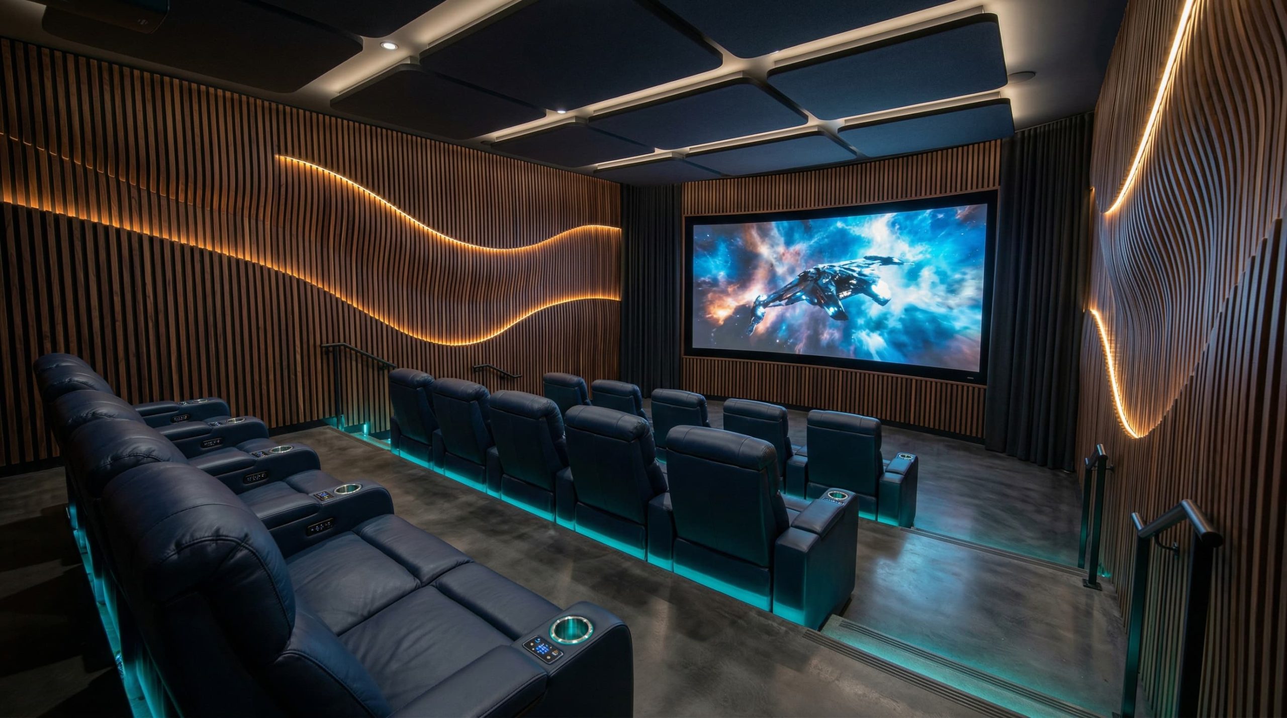 成都联排别墅自然木纹极简风家庭影院 9.1.6声道 宏威视听案例