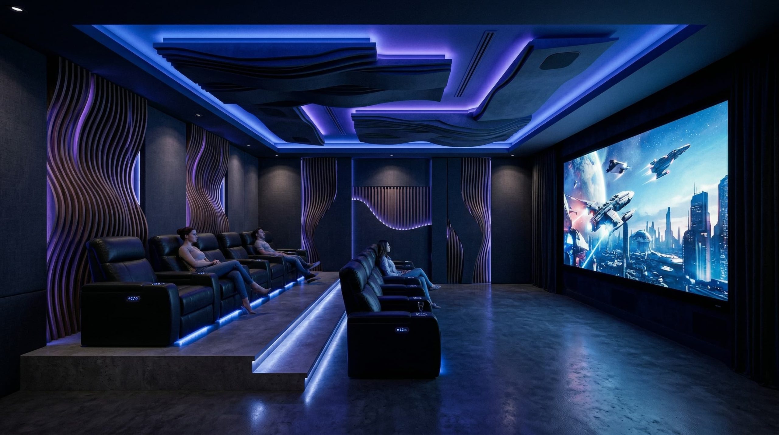 成都高层公寓科技蓝调沉浸式家庭影院 7.1.4声道系统 宏威视听案例